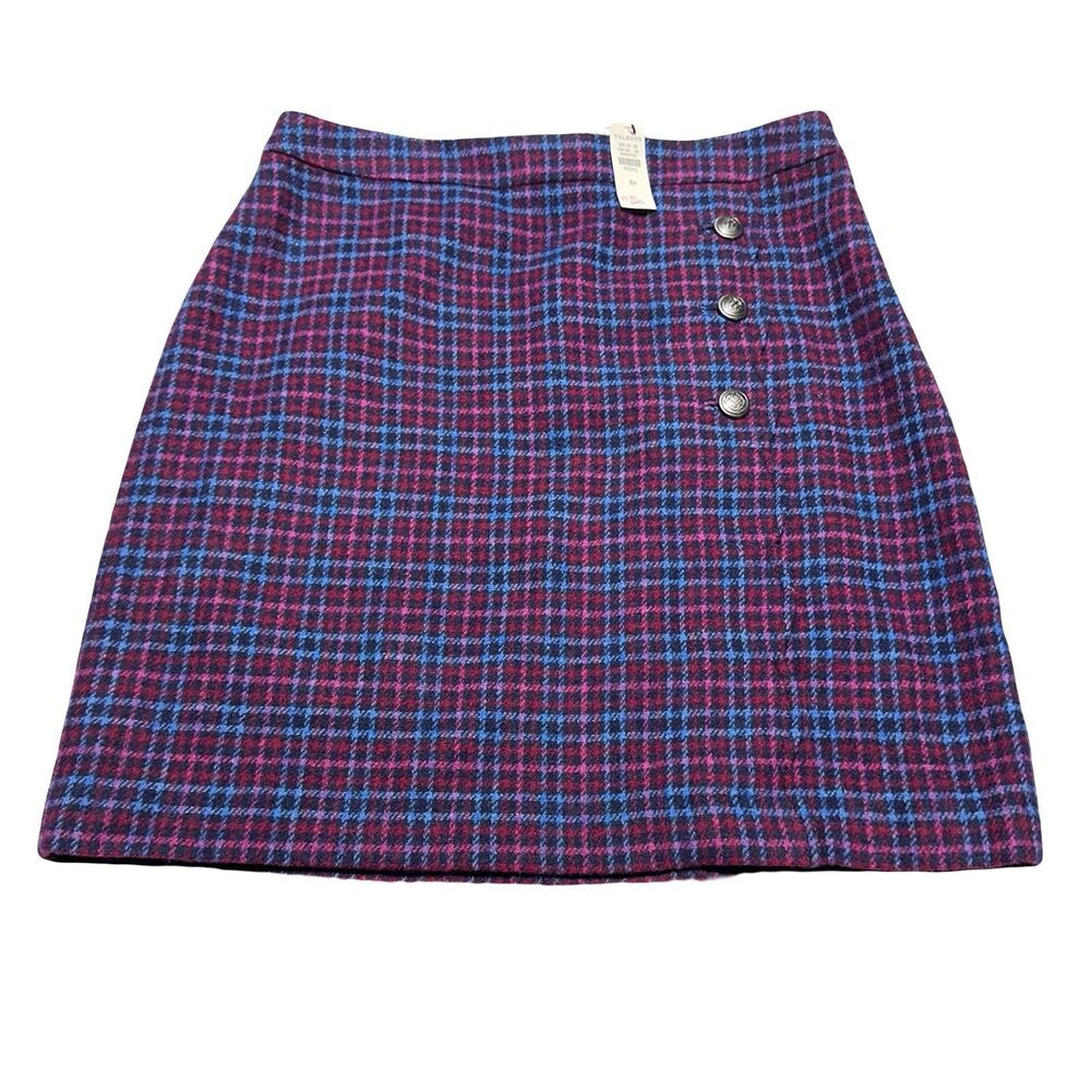 Talbots Plaid Skirt Womens Size 8 P Petite Wool Blend Button Scalloped Trim NWT